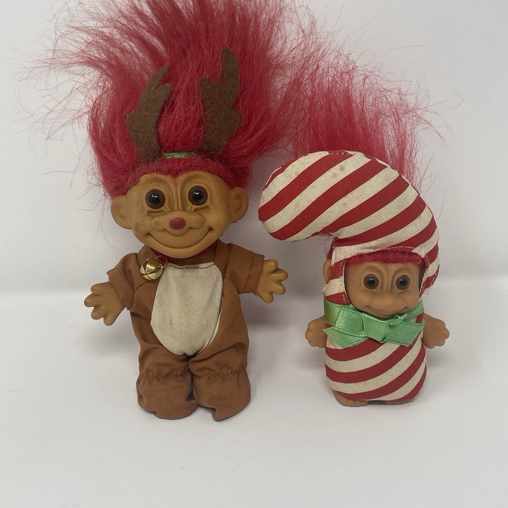 Vtg Russ Christmas Troll Dolls Lot Reindeer Costume Candy Cane Suit Red Hair 3"